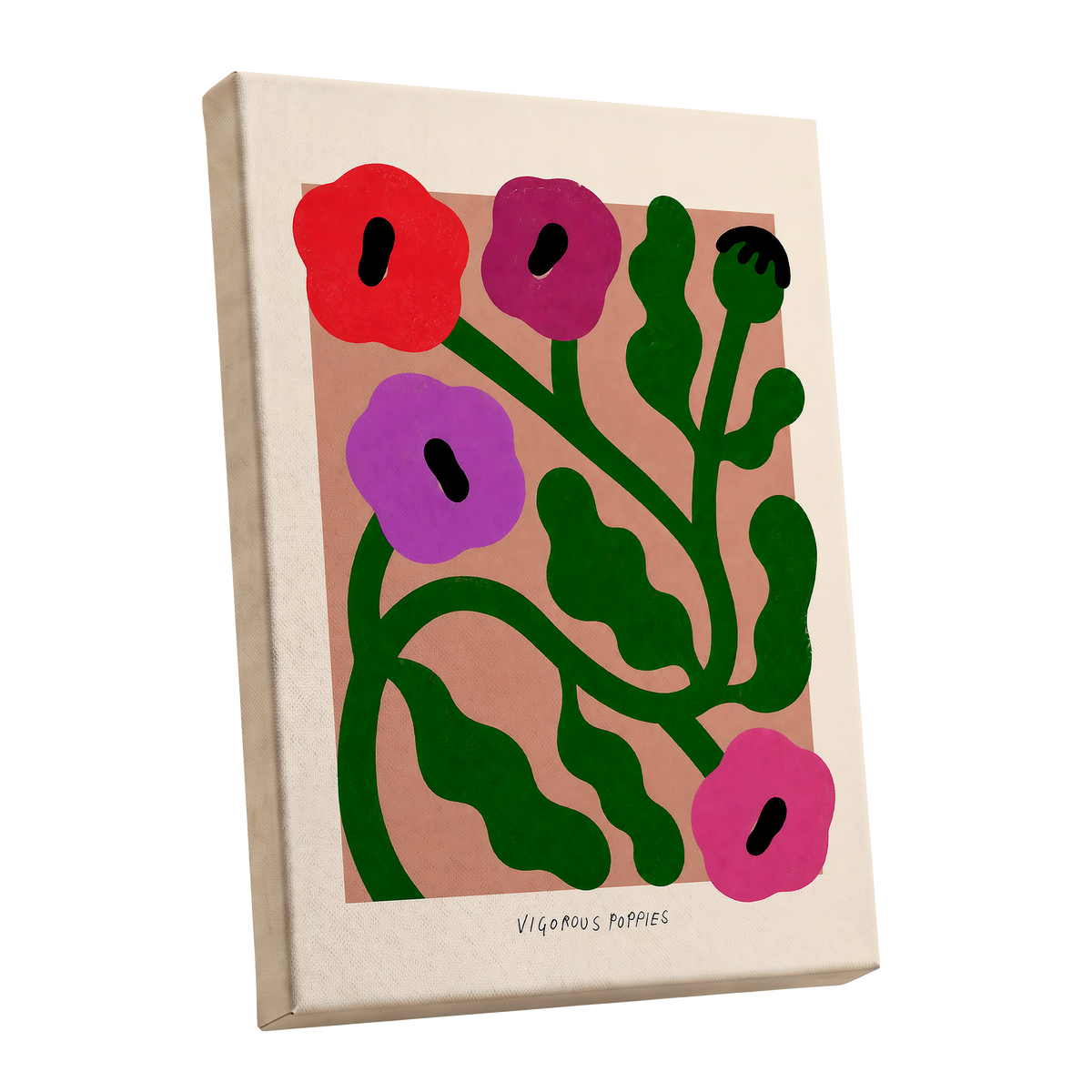 Poppy Colourplay, green, pink, red floral wall art shown as a stretched canvas wall art