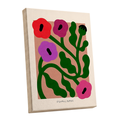 Poppy Colourplay, green, pink, red floral wall art shown as a stretched canvas wall art