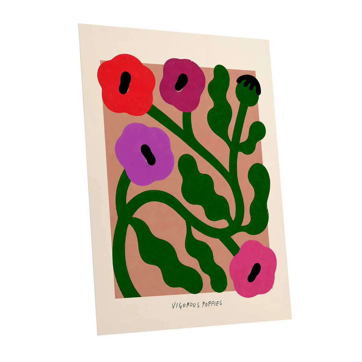 Poppy Colourplay, green, pink, red floral wall art shown as a unframed poster wall art print