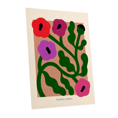 Poppy Colourplay, green, pink, red floral wall art shown as a unframed poster wall art print
