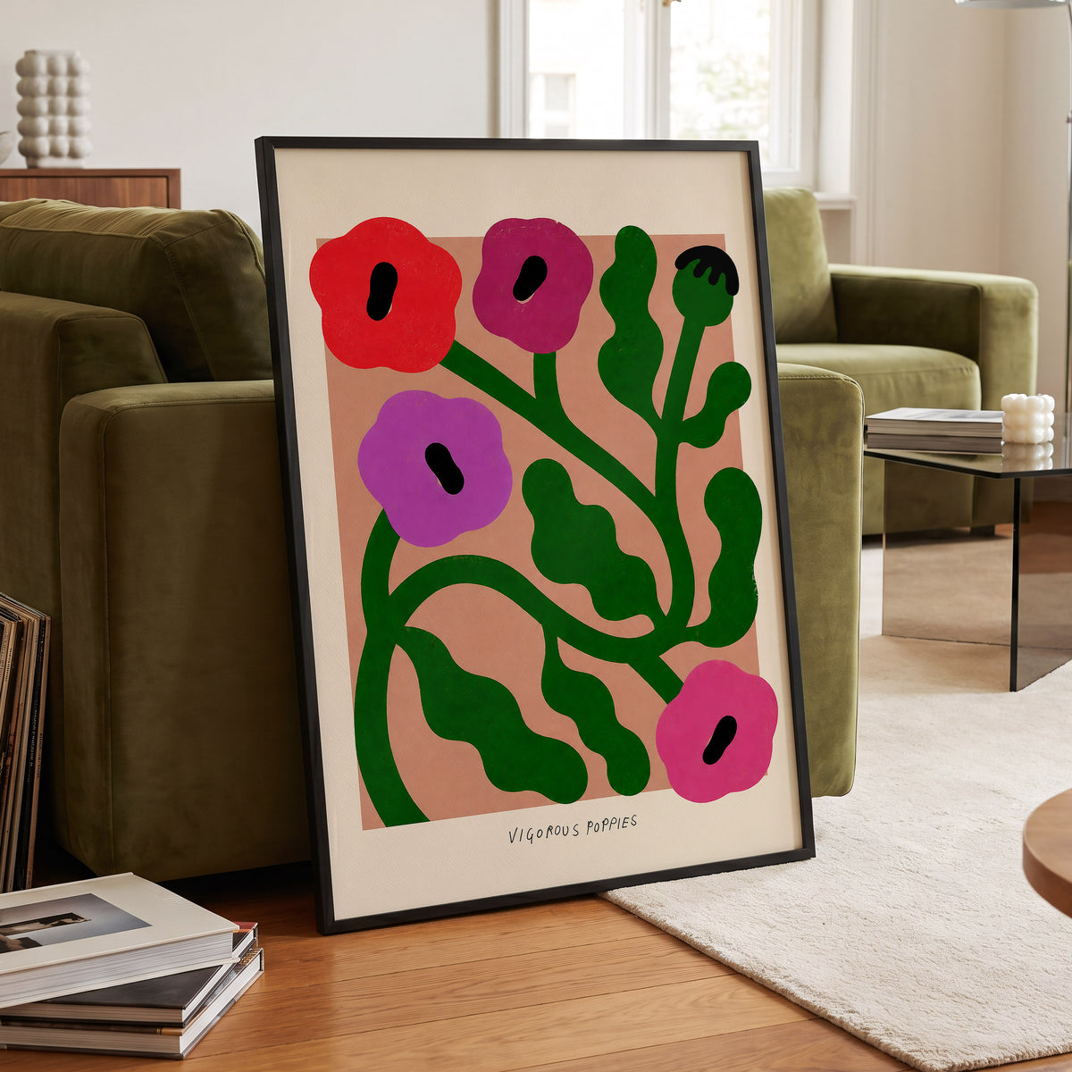 Poppy Colourplay, green, pink, red floral wall art displayed in a styled interior, gallery view 2