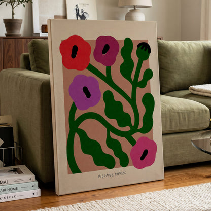 Poppy Colourplay, green, pink, red floral wall art displayed in a styled interior, gallery view 3