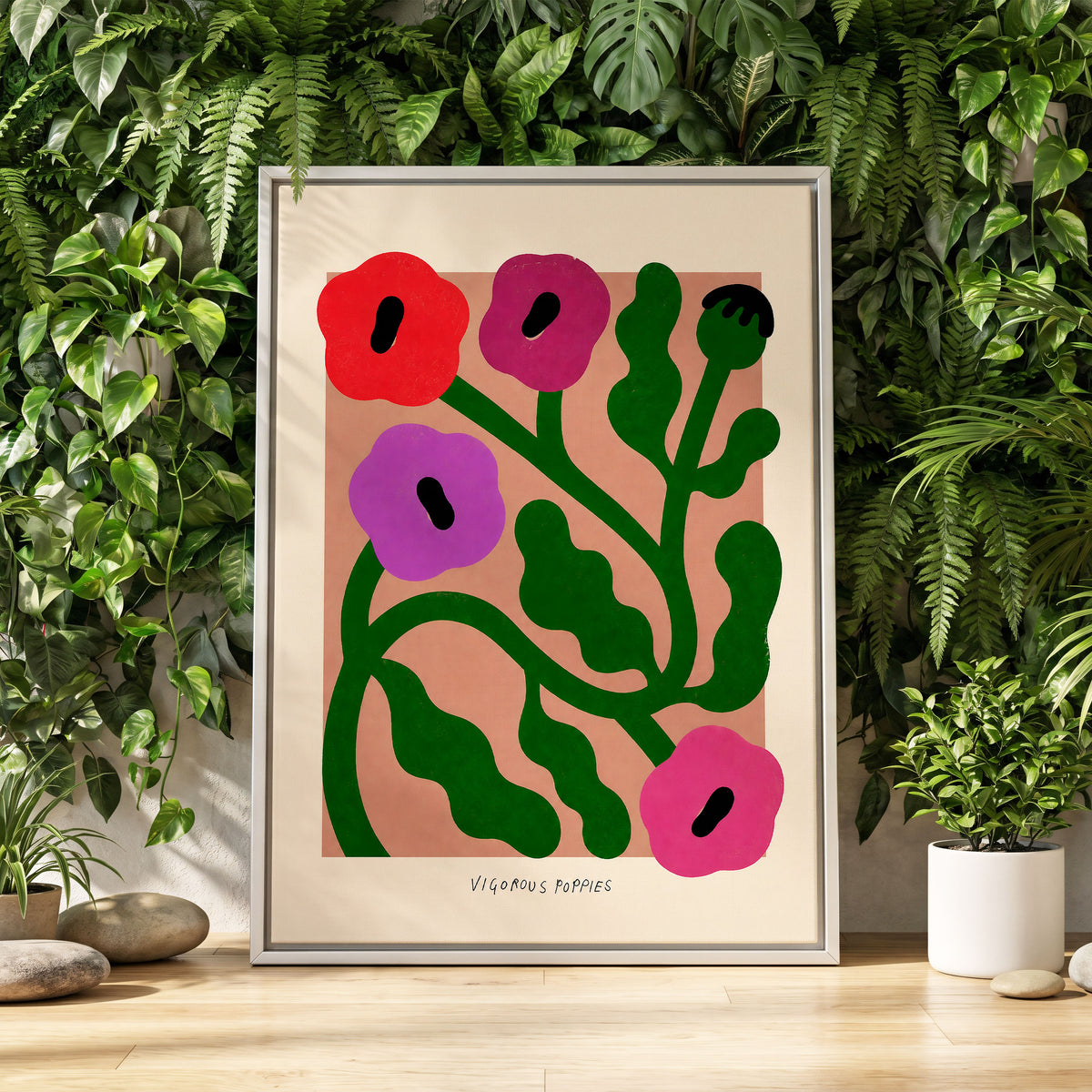 Poppy Colourplay, green, pink, red floral wall art displayed in a styled interior, gallery view 4