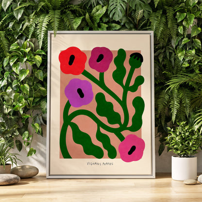 Poppy Colourplay, green, pink, red floral wall art displayed in a styled interior, gallery view 4