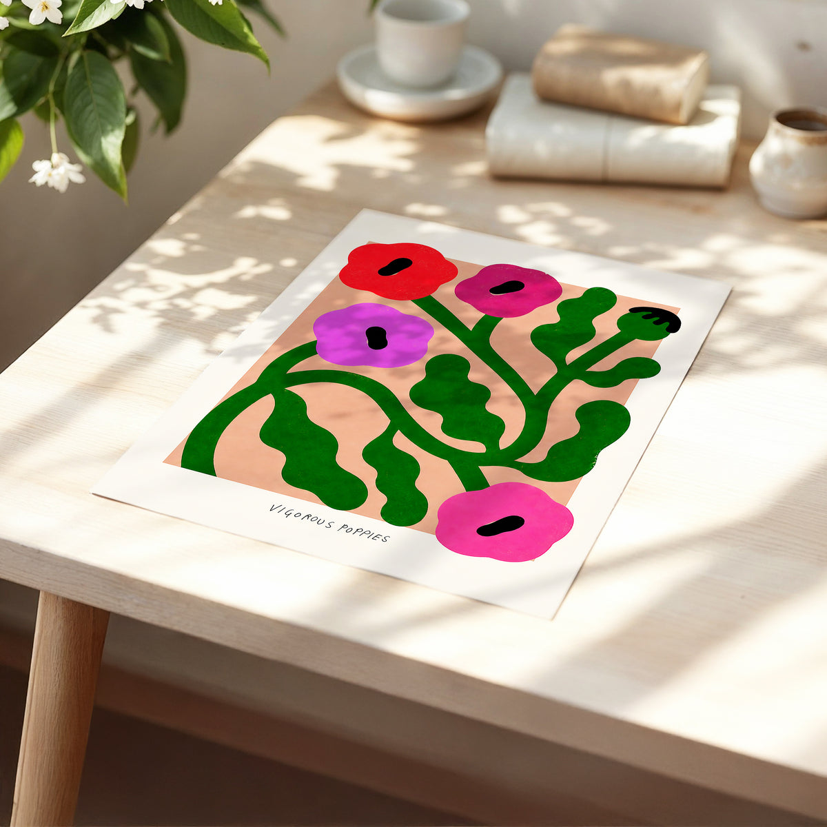 Poppy Colourplay, green, pink, red floral wall art displayed in a styled interior, gallery view 5