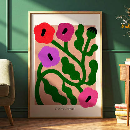 Poppy Colourplay, green, pink, red floral wall art displayed in a styled interior, gallery view 6