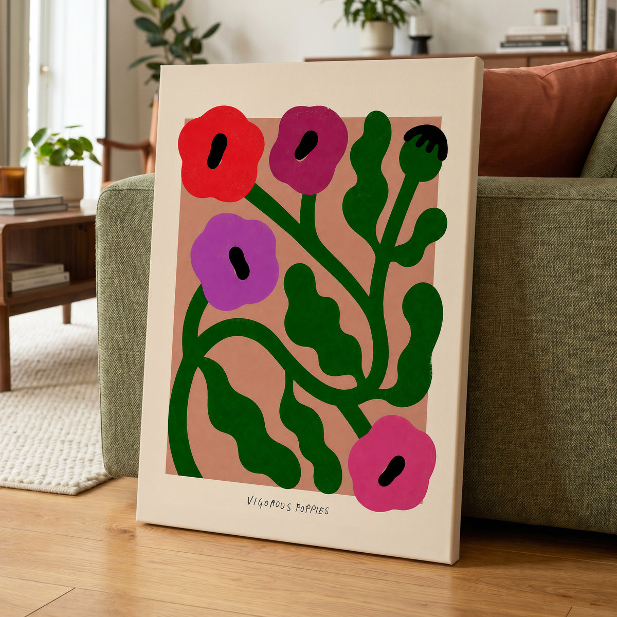 Poppy Colourplay, green, pink, red floral wall art displayed in a styled interior, gallery view 7