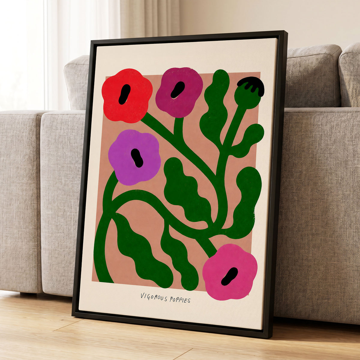Poppy Colourplay, green, pink, red floral wall art displayed in a styled interior, gallery view 8