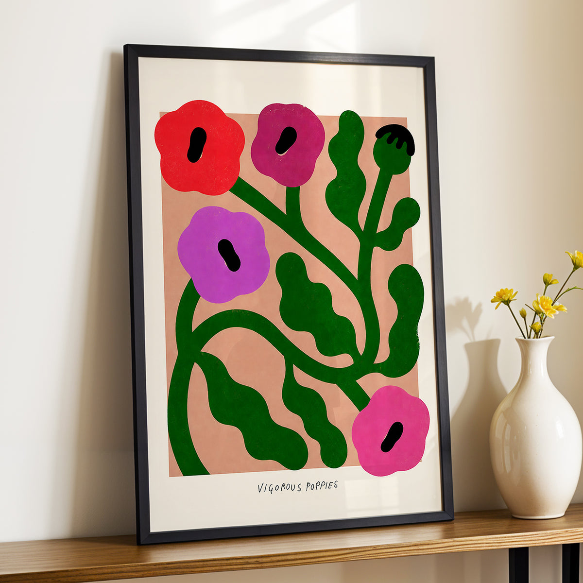 Poppy Colourplay, green, pink, red floral wall art displayed in a styled interior, gallery view 9