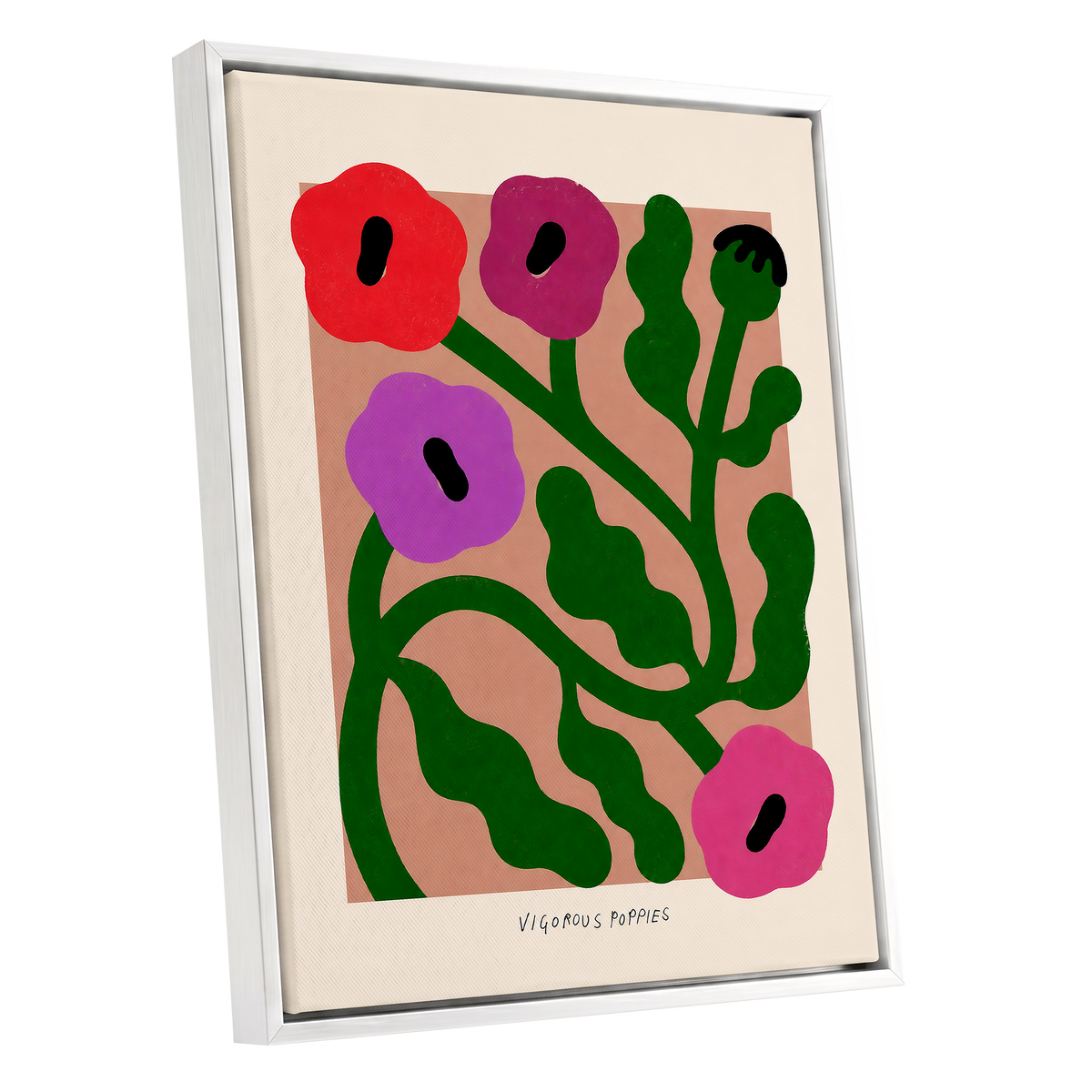 Poppy Colourplay, green, pink, red floral wall art shown as a white framed canvas wall art