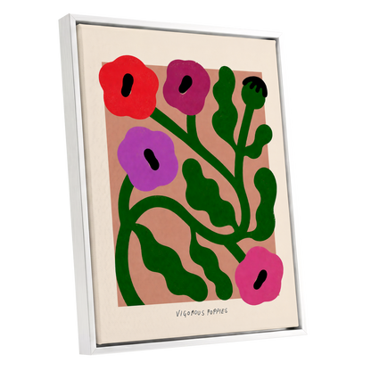 Poppy Colourplay, green, pink, red floral wall art shown as a white framed canvas wall art