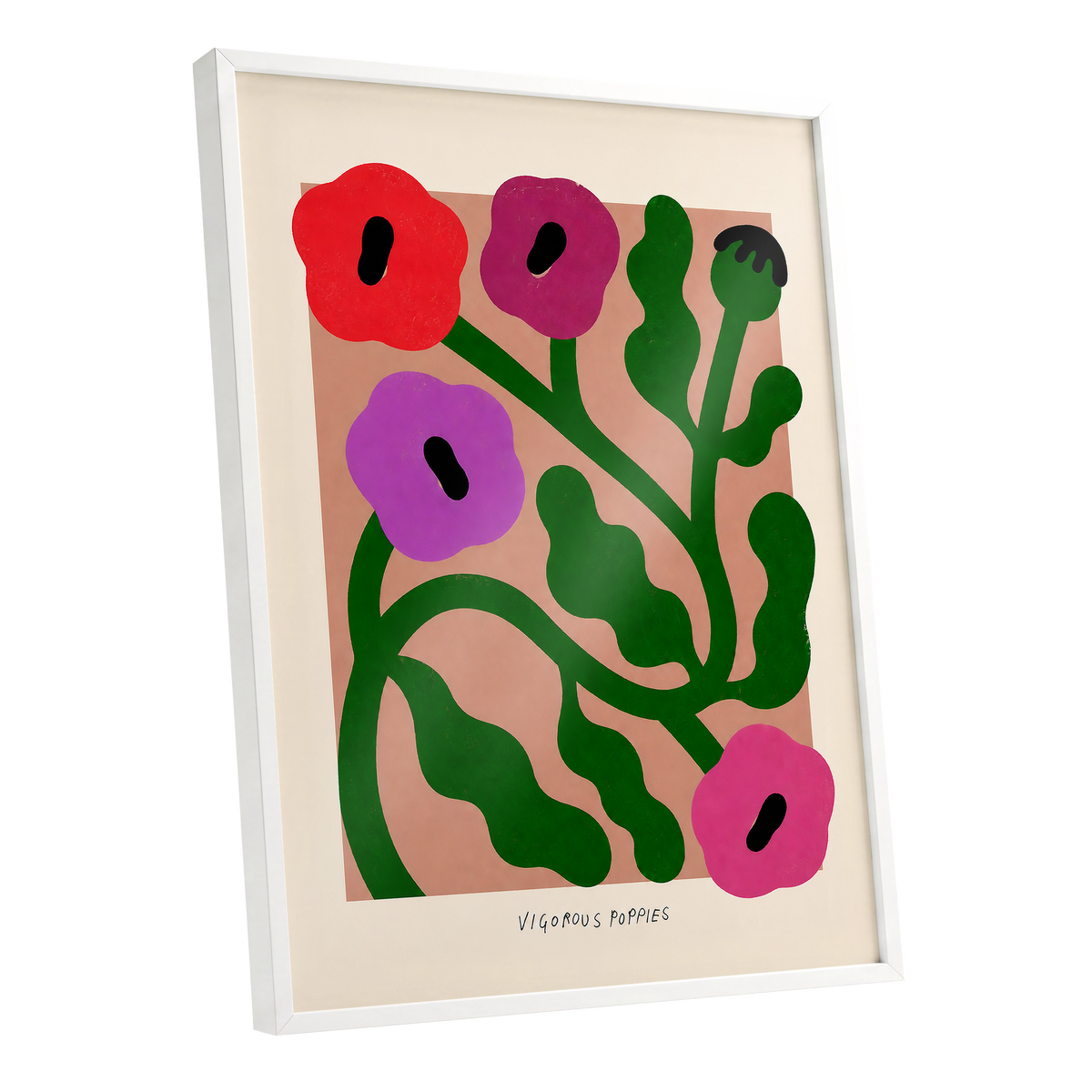 Poppy Colourplay, green, pink, red floral wall art shown as a white framed poster wall art print