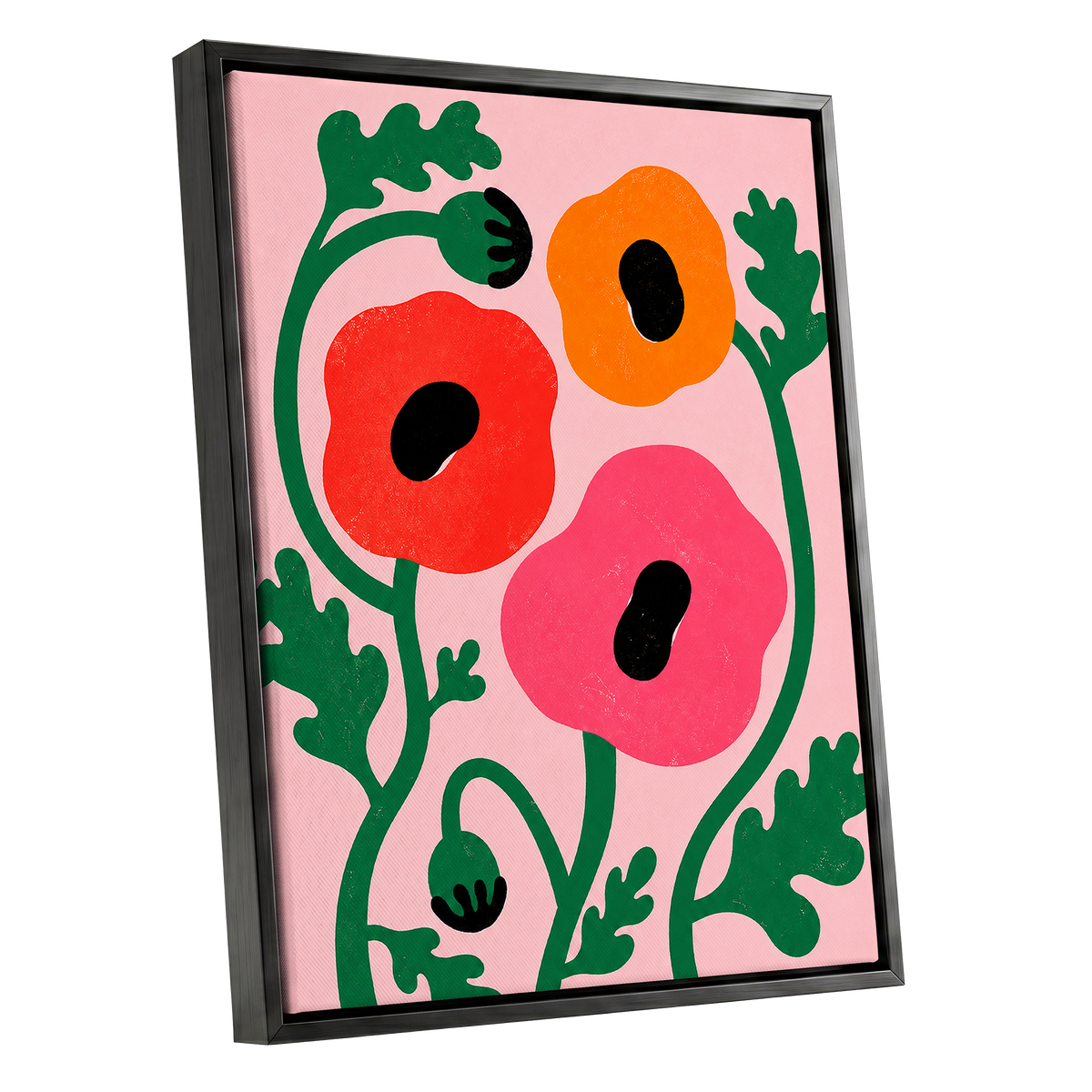Poppy Parade, pink, green, red floral wall art shown as a black framed canvas wall art