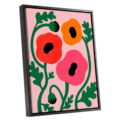 Poppy Parade, pink, green, red floral wall art shown as a black framed canvas wall art
