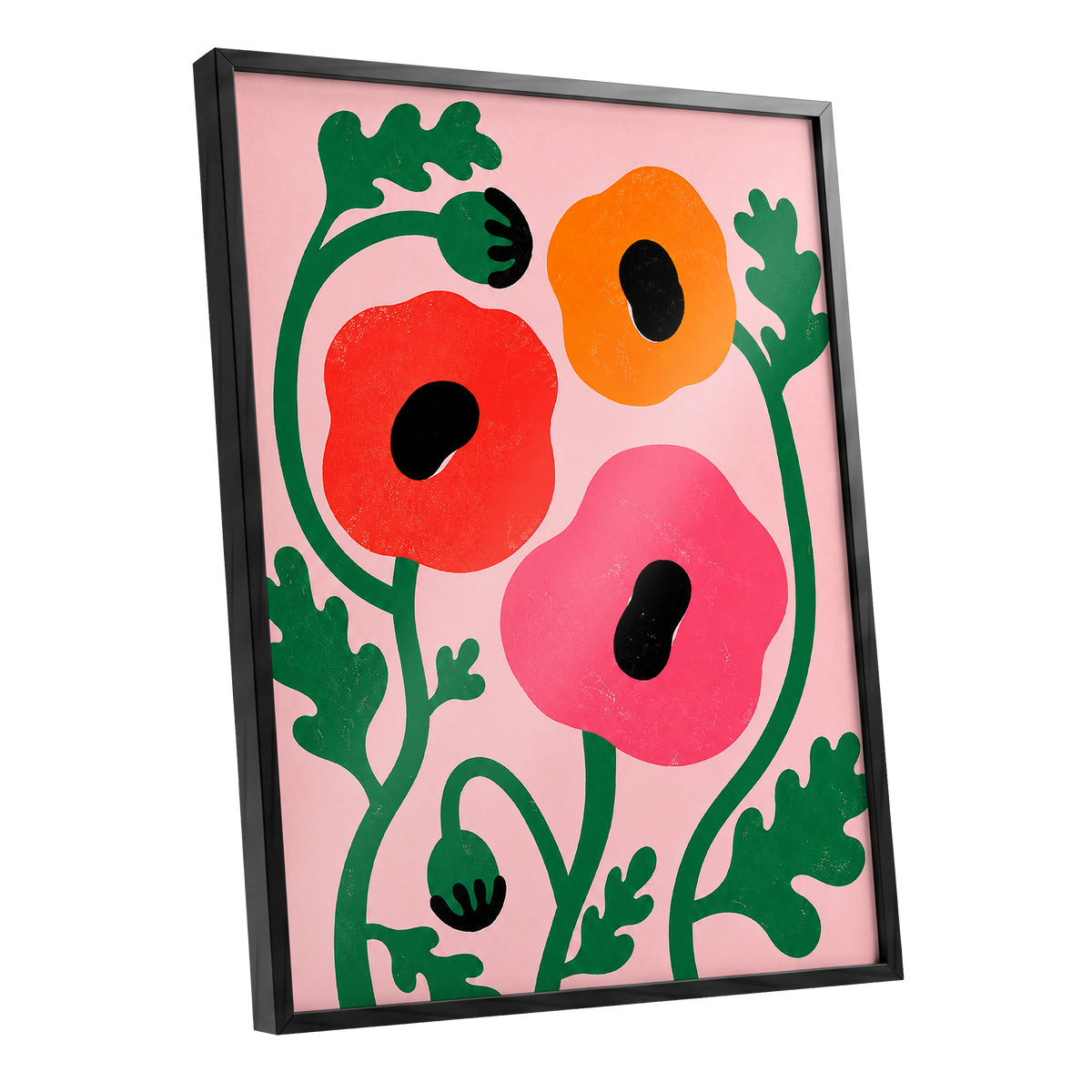 Poppy Parade, pink, green, red floral wall art shown as a black framed poster wall art print