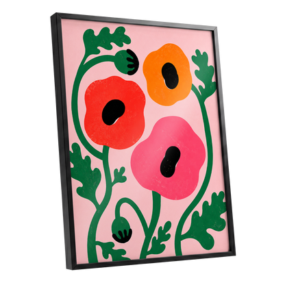 Poppy Parade, pink, green, red floral wall art shown as a black framed poster wall art print