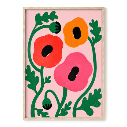 Poppy Parade, pink, green, red floral wall art, front artwork view