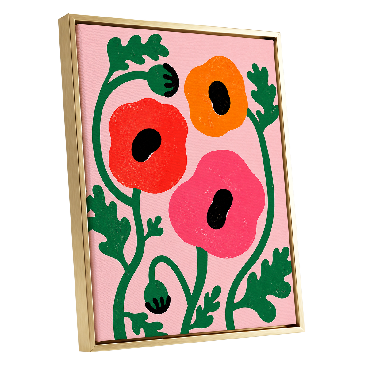 Poppy Parade, pink, green, red floral wall art shown as a gold framed canvas wall art