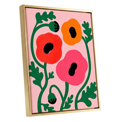 Poppy Parade, pink, green, red floral wall art shown as a gold framed canvas wall art