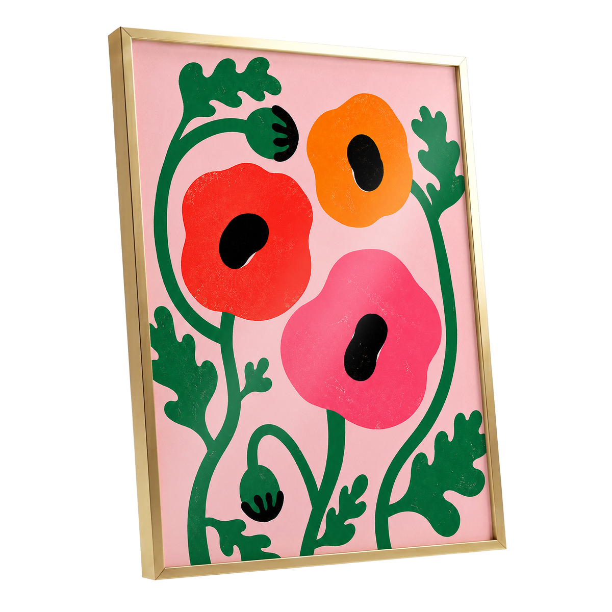 Poppy Parade, pink, green, red floral wall art shown as a gold framed poster wall art print