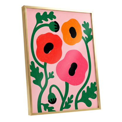 Poppy Parade, pink, green, red floral wall art shown as a gold framed poster wall art print