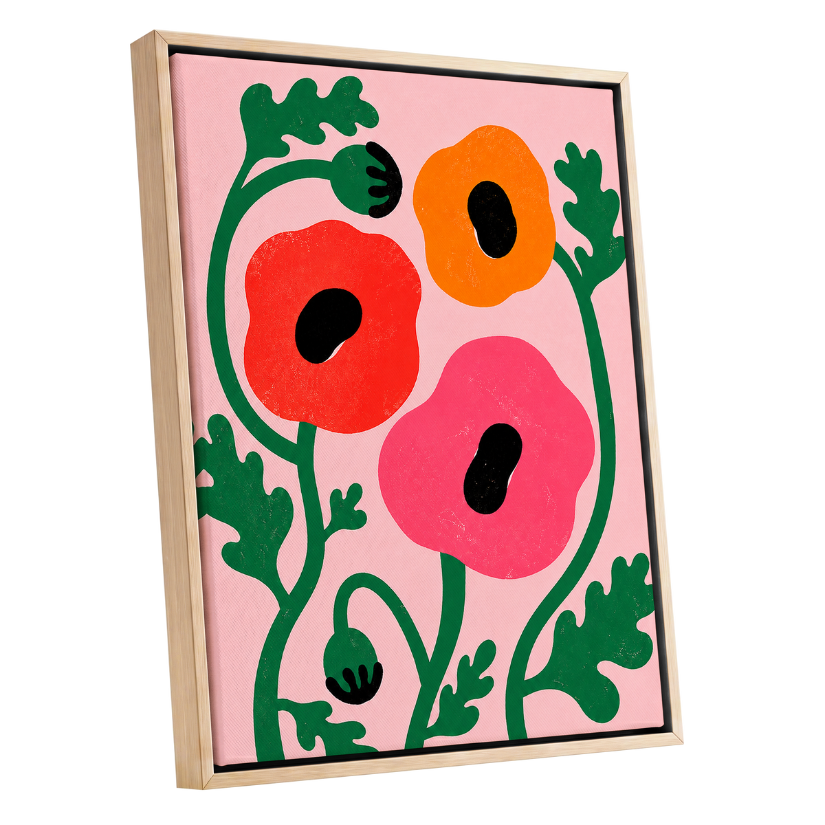 Poppy Parade, pink, green, red floral wall art shown as a oak framed canvas wall art