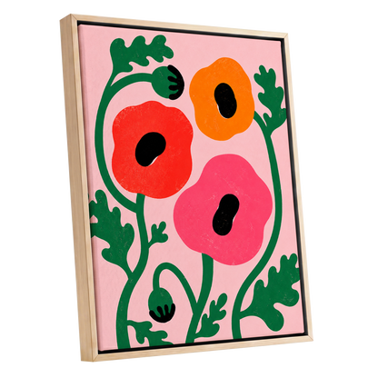 Poppy Parade, pink, green, red floral wall art shown as a oak framed canvas wall art