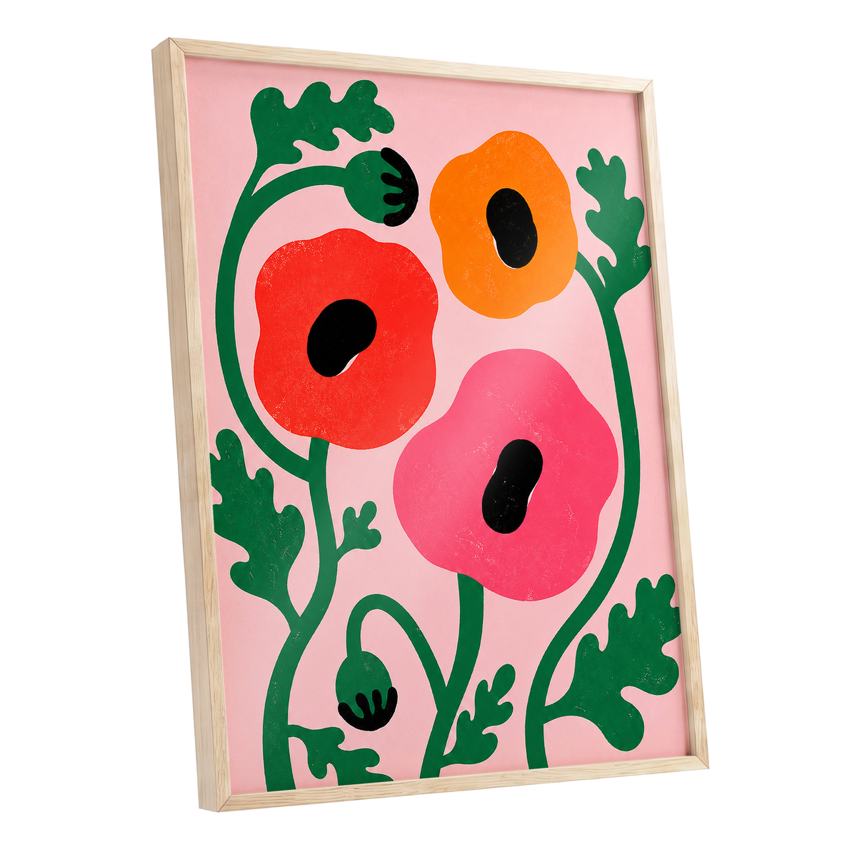 Poppy Parade, pink, green, red floral wall art shown as a oak framed poster wall art print