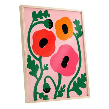 Poppy Parade, pink, green, red floral wall art shown as a oak framed poster wall art print