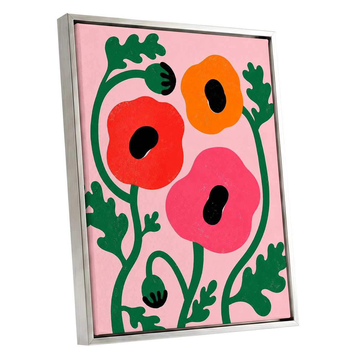 Poppy Parade, pink, green, red floral wall art shown as a silver framed canvas wall art