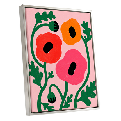 Poppy Parade, pink, green, red floral wall art shown as a silver framed canvas wall art