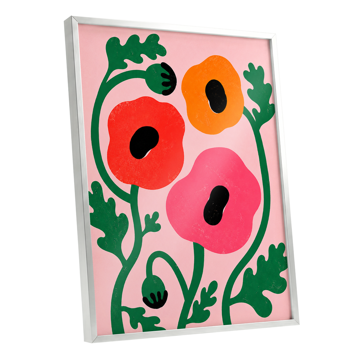 Poppy Parade, pink, green, red floral wall art shown as a silver framed poster wall art print
