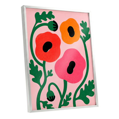 Poppy Parade, pink, green, red floral wall art shown as a silver framed poster wall art print