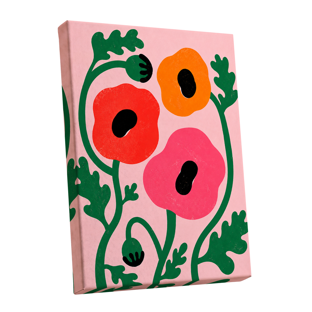 Poppy Parade, pink, green, red floral wall art shown as a stretched canvas wall art