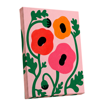 Poppy Parade, pink, green, red floral wall art shown as a stretched canvas wall art