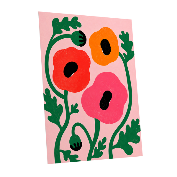 Poppy Parade, pink, green, red floral wall art shown as a unframed poster wall art print