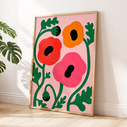Poppy Parade, pink, green, red floral wall art displayed in a styled interior, gallery view 2