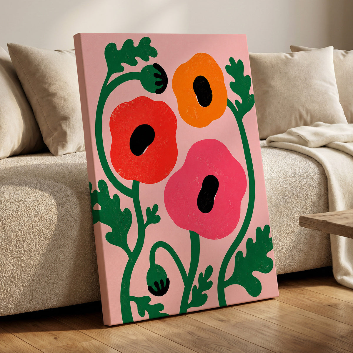 Poppy Parade, pink, green, red floral wall art displayed in a styled interior, gallery view 3