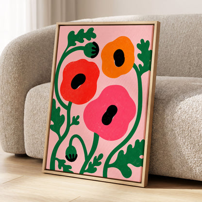 Poppy Parade, pink, green, red floral wall art displayed in a styled interior, gallery view 4