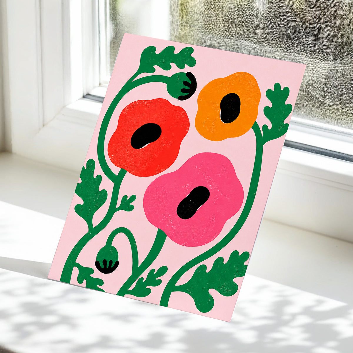 Poppy Parade, pink, green, red floral wall art displayed in a styled interior, gallery view 5