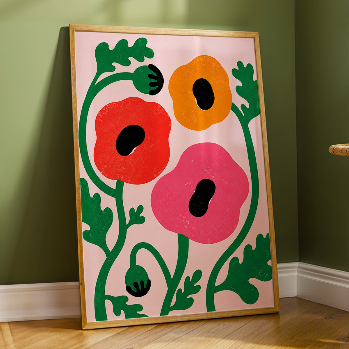 Poppy Parade, pink, green, red floral wall art displayed in a styled interior, gallery view 6