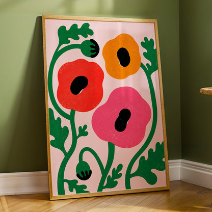 Poppy Parade, pink, green, red floral wall art displayed in a styled interior, gallery view 6