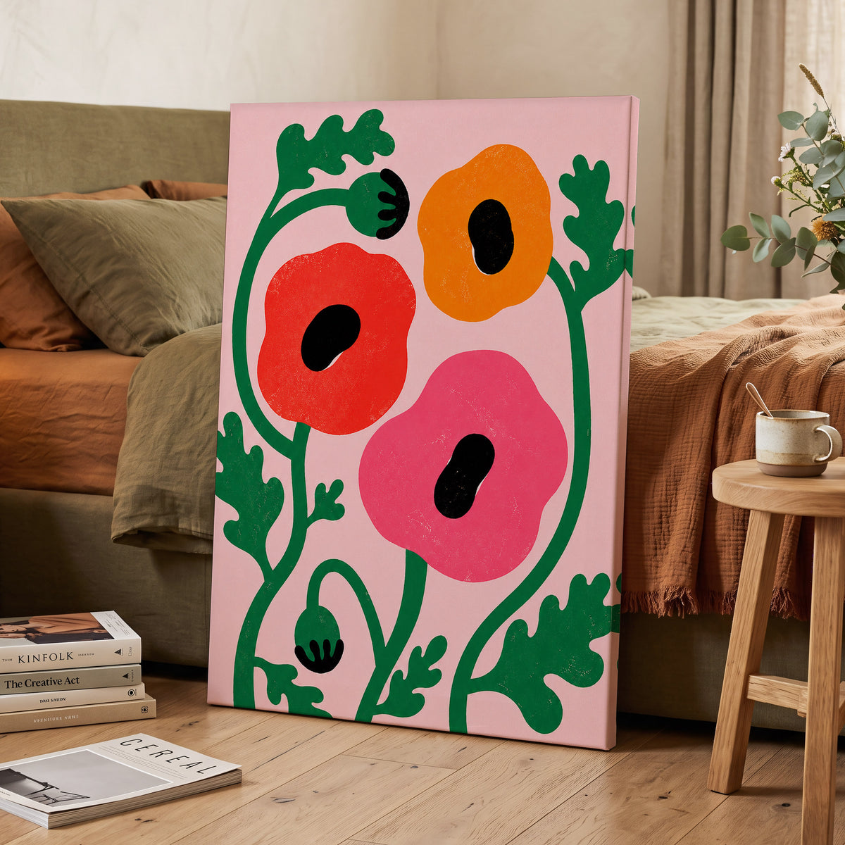 Poppy Parade, pink, green, red floral wall art displayed in a styled interior, gallery view 7
