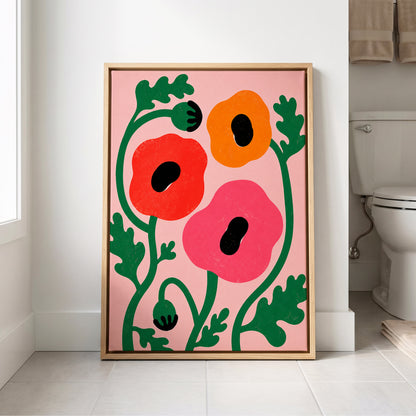 Poppy Parade, pink, green, red floral wall art displayed in a styled interior, gallery view 8