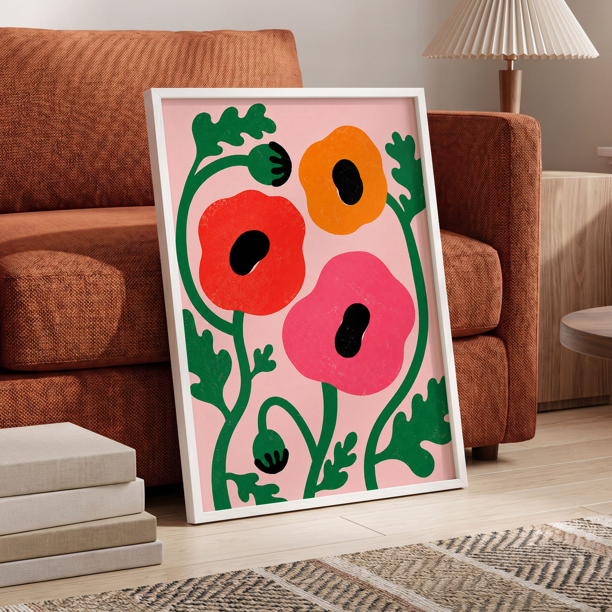 Poppy Parade, pink, green, red floral wall art displayed in a styled interior, gallery view 9