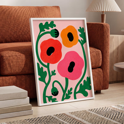 Poppy Parade, pink, green, red floral wall art displayed in a styled interior, gallery view 9