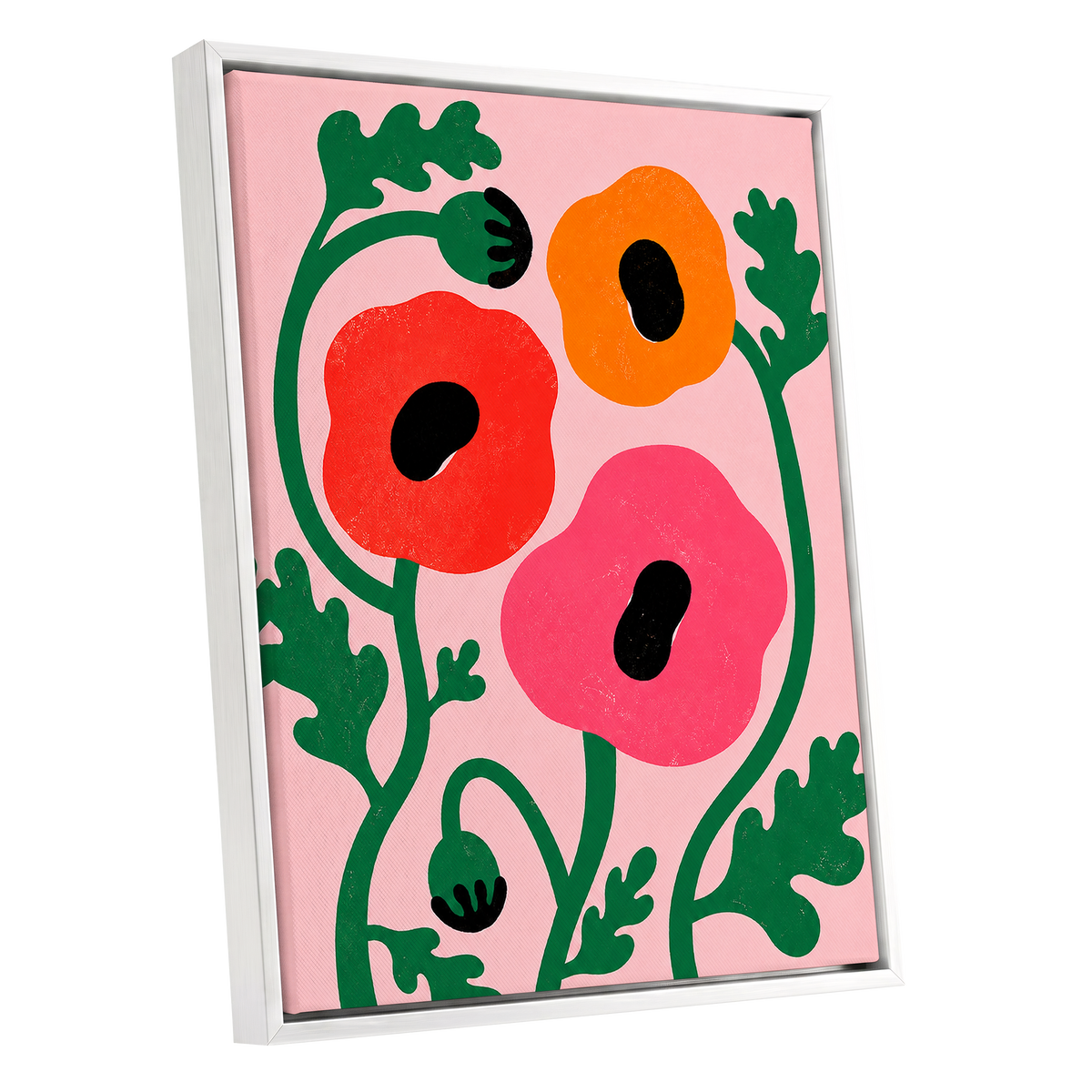 Poppy Parade, pink, green, red floral wall art shown as a white framed canvas wall art