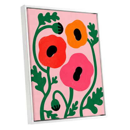 Poppy Parade, pink, green, red floral wall art shown as a white framed canvas wall art
