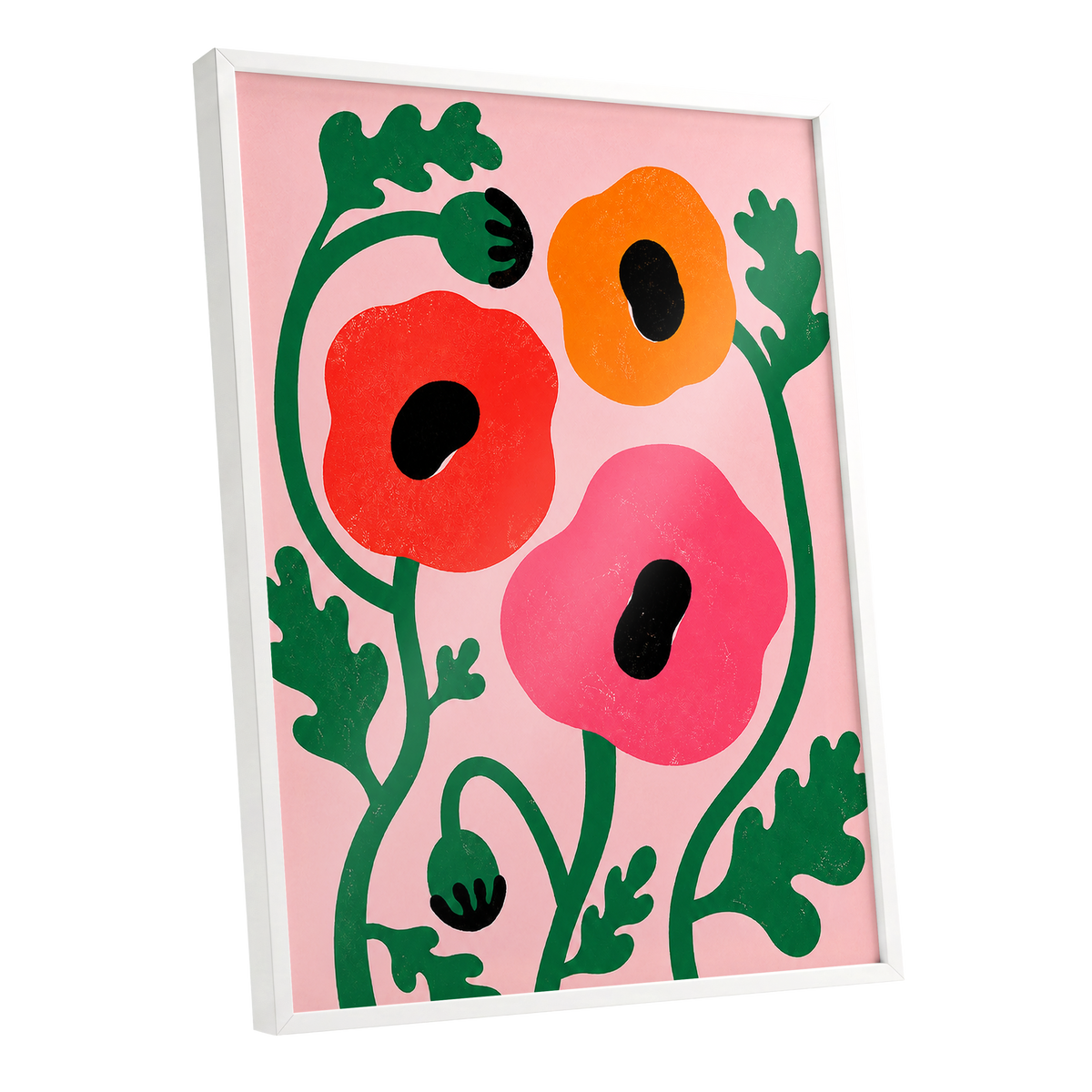 Poppy Parade, pink, green, red floral wall art shown as a white framed poster wall art print