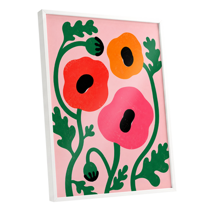 Poppy Parade, pink, green, red floral wall art shown as a white framed poster wall art print